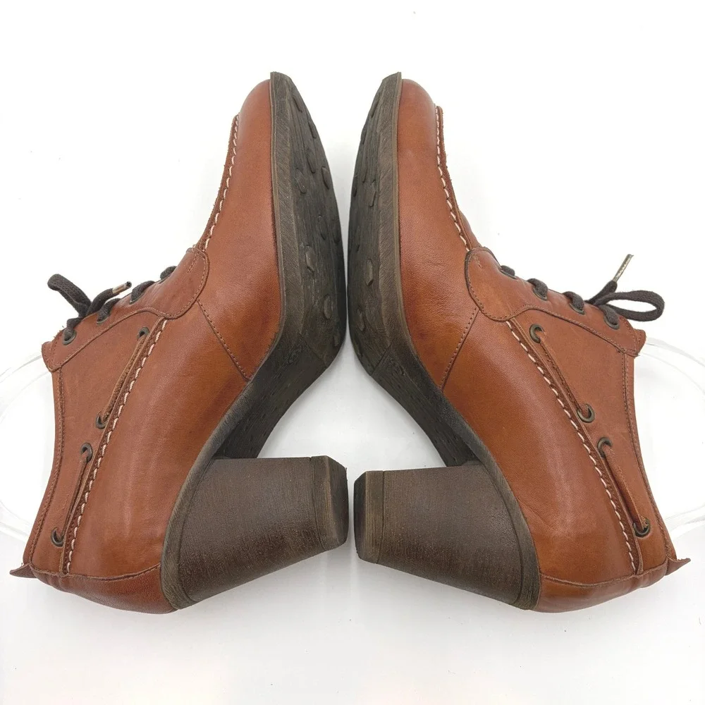 Greyder Cognac Leather Heeled Loafer Booties Size 38 7.5 Lace Up Boat Shoe Style